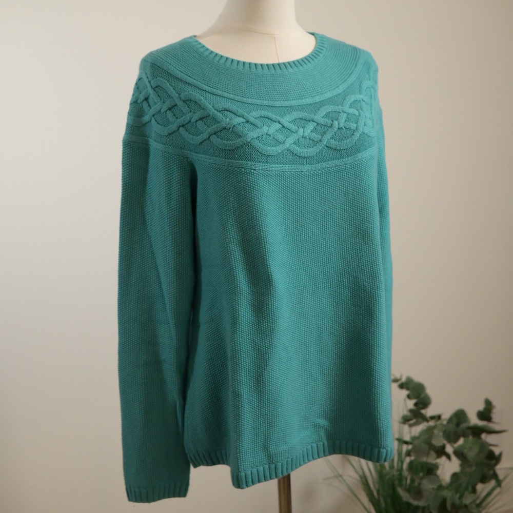 Talbots Teal Green Cotton Cashmere Blend Cable Yoke Knit Sweater Womens Medium
